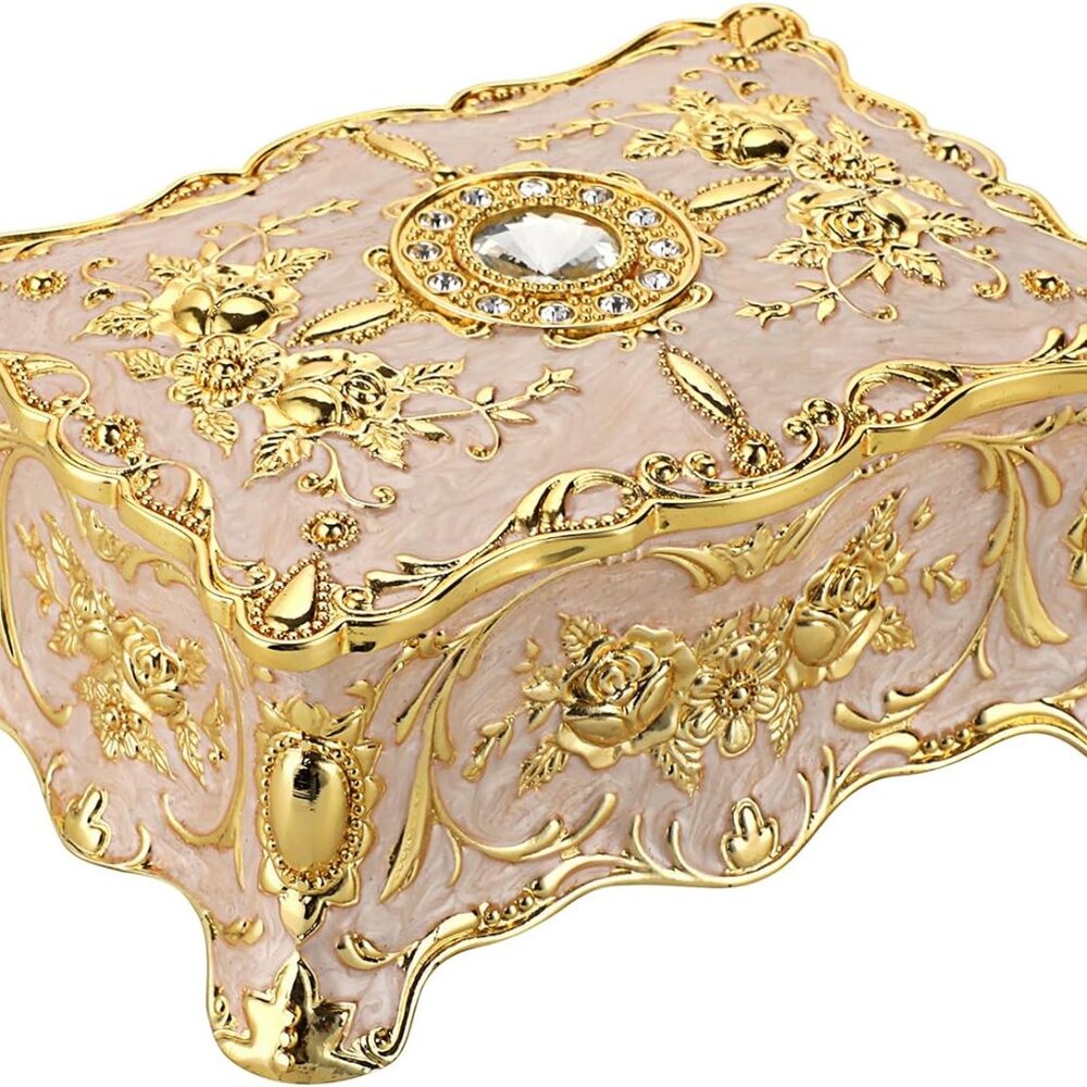 Hipiw Vintage Jewelry Organizer Box - Metal Trinket Storage Box Ornate Treasure